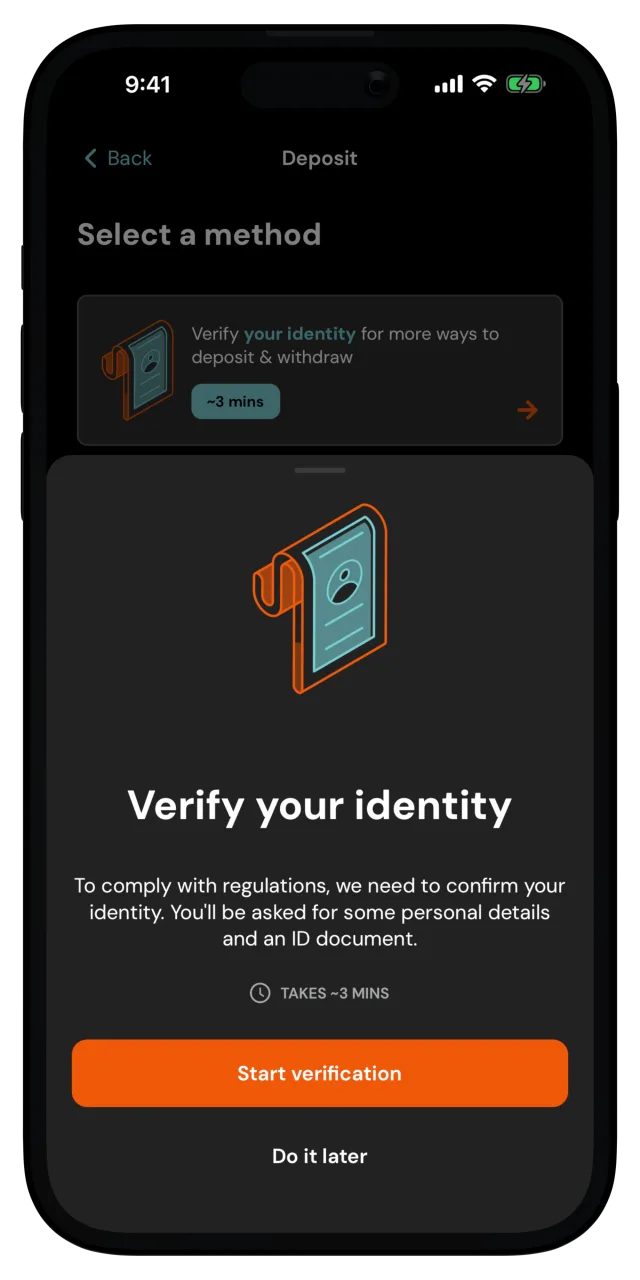 Deposit screen with a Verify your identity sheet and a Start verification button
