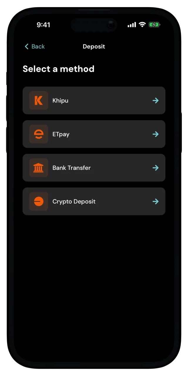 Deposit screen listing local payment methods, bank transfer, and crypto deposit