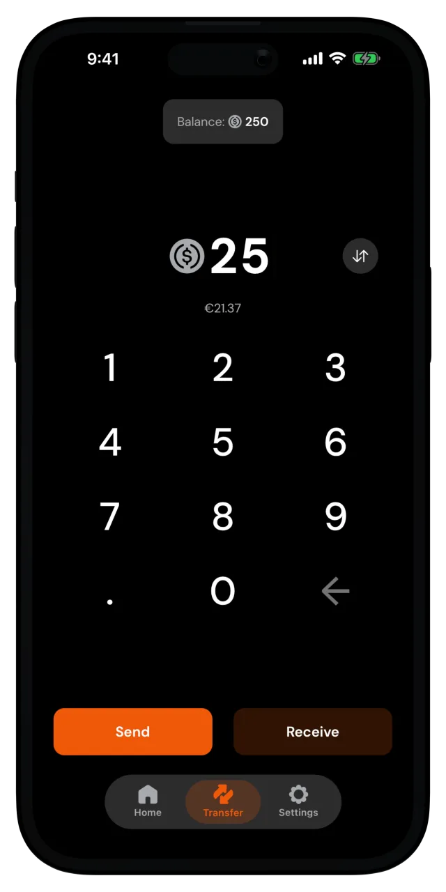 Transfer tab with an amount entered and a Send button