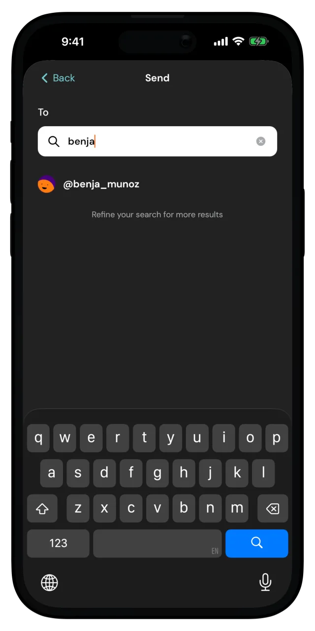Send screen with a username search and a matching result