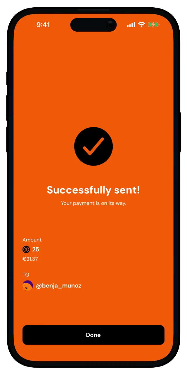 Successfully sent! screen showing the amount and recipient