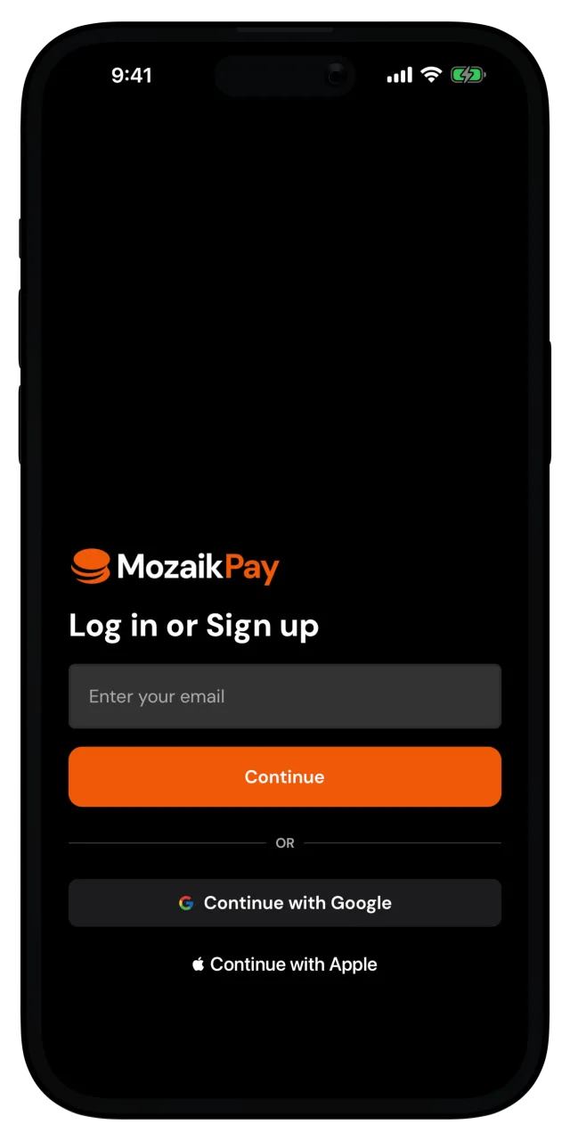 Log in or Sign up screen with an email field and Continue with Google and Apple options