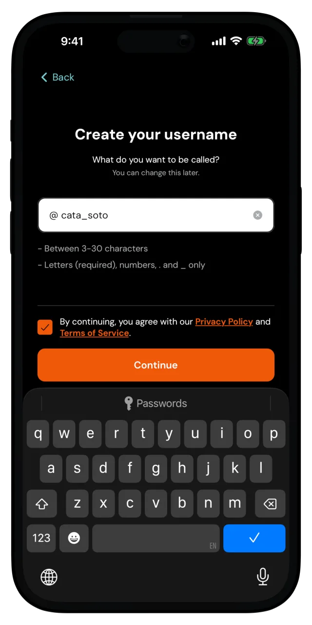 Create your username screen with a username typed in