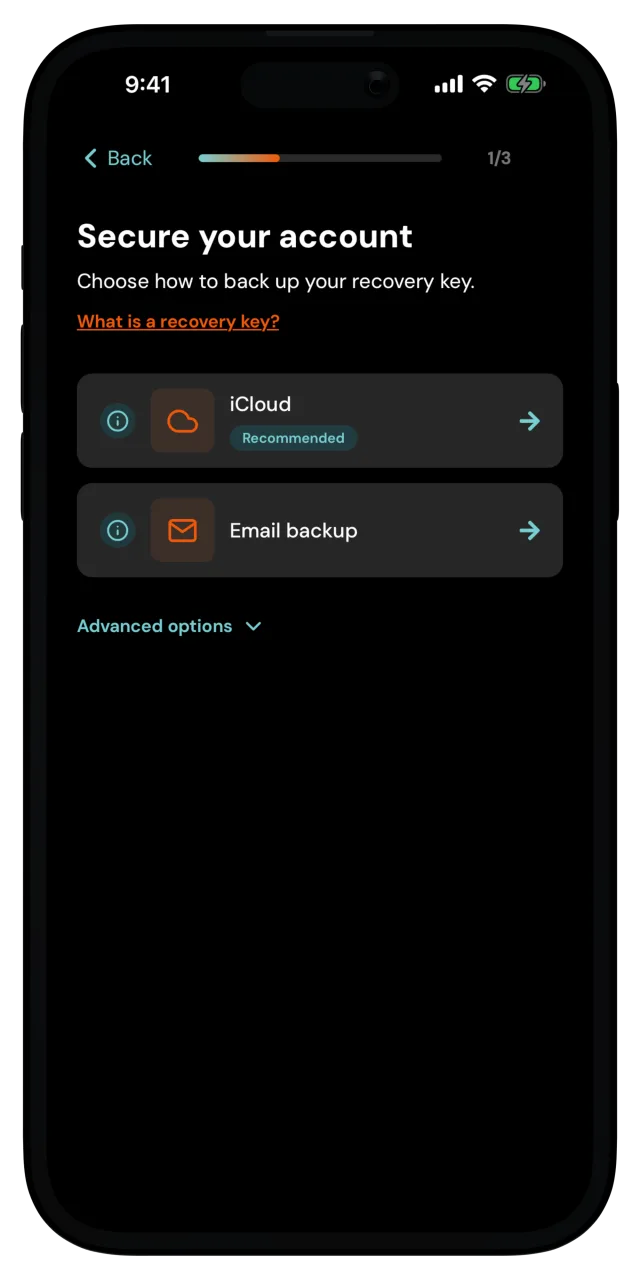 Secure your account screen with iCloud and email backup options
