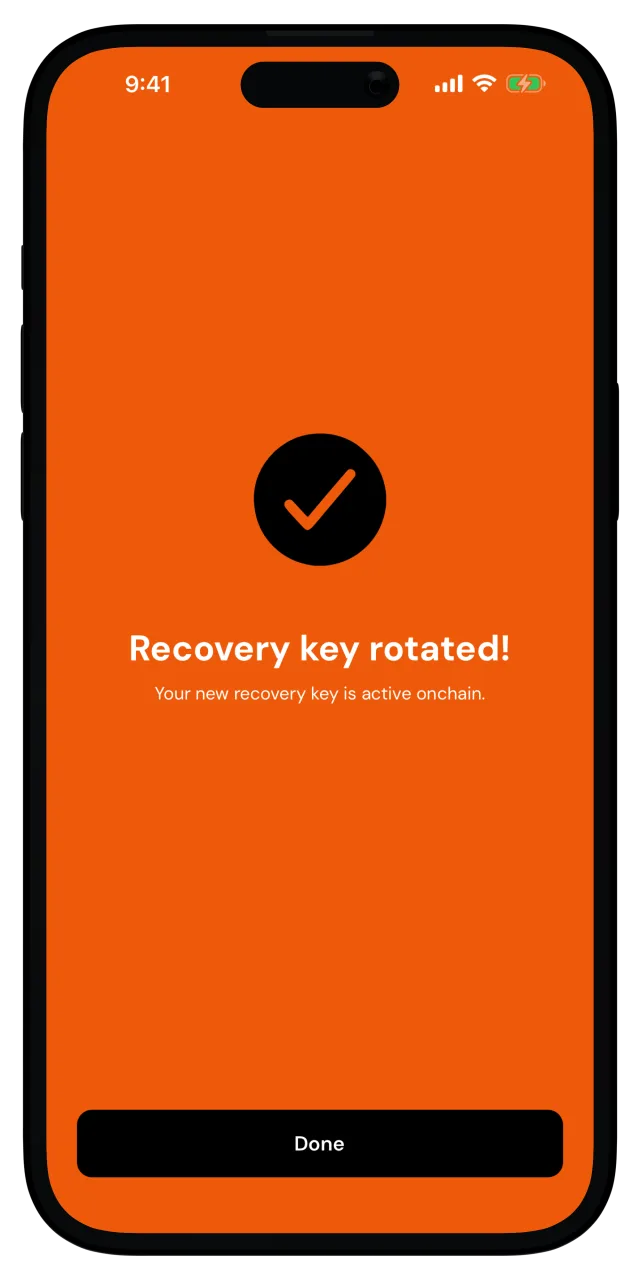 Success screen confirming the recovery key has been rotated