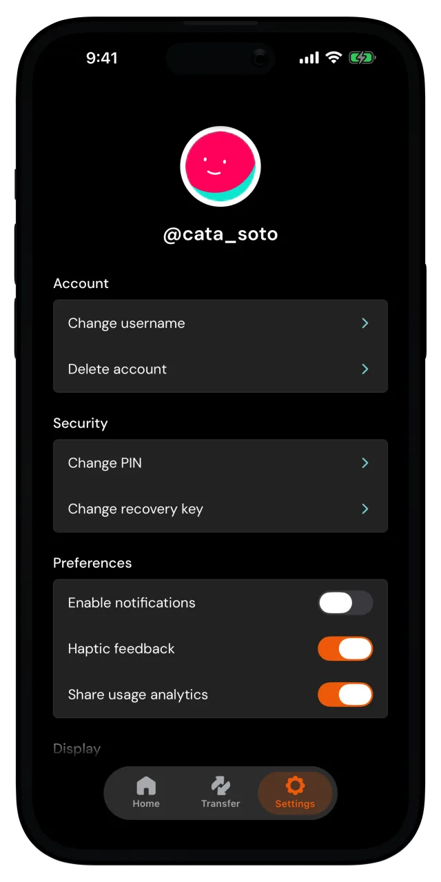 Settings tab with the Account section and Change username