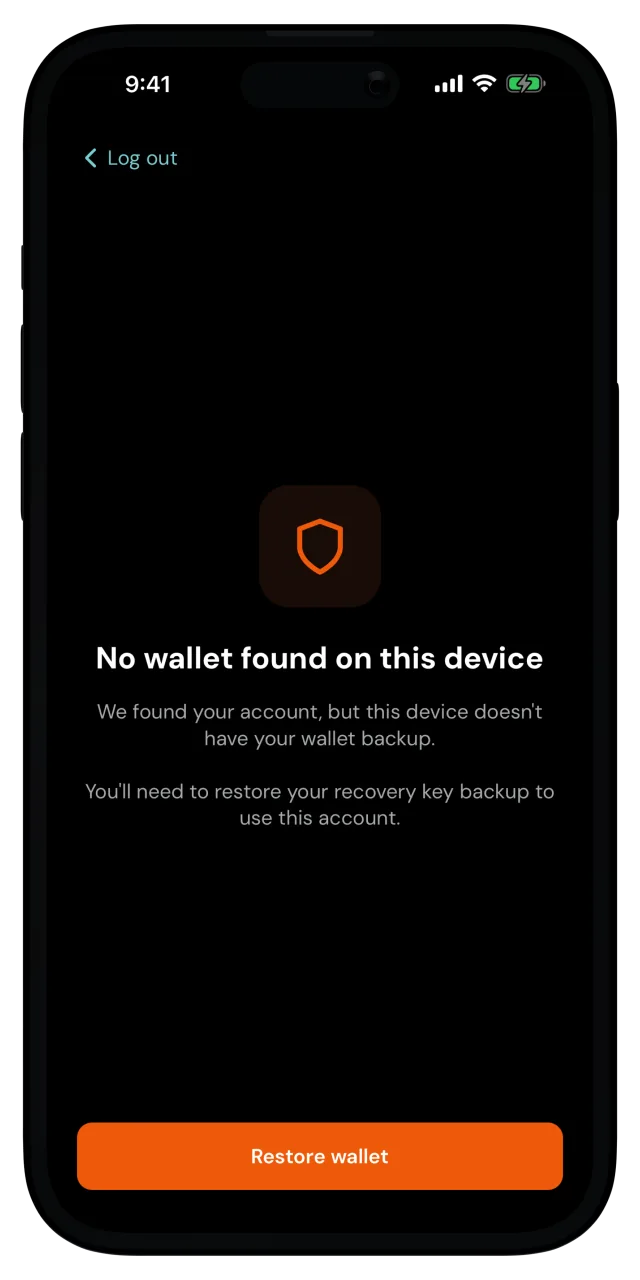 No wallet found on this device screen with the Restore wallet button