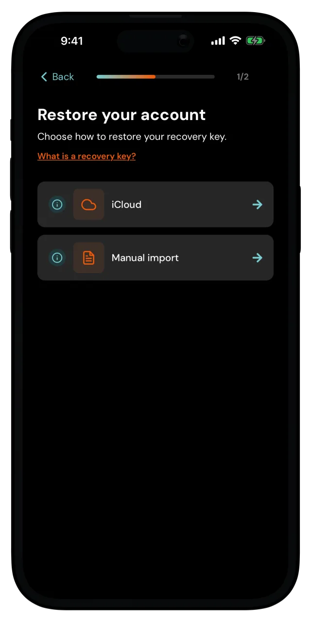 Restore your account screen with the iCloud and Manual import options