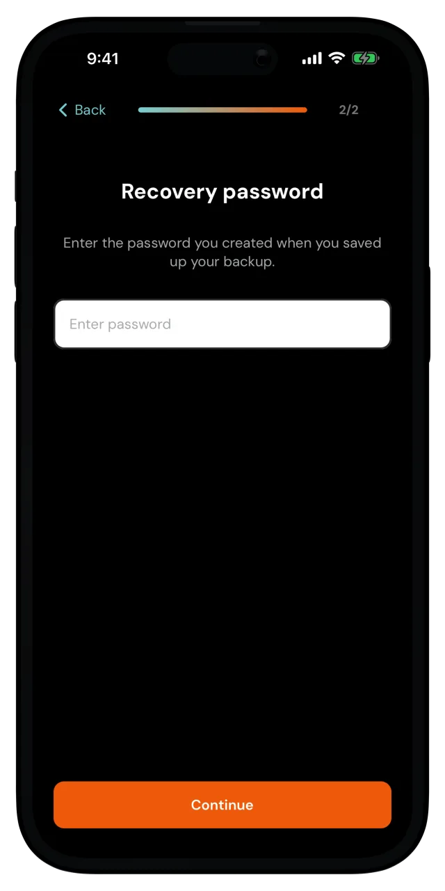 Recovery password screen with the password field