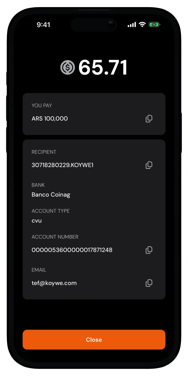 Payment details screen with the amount, the recipient and the account number