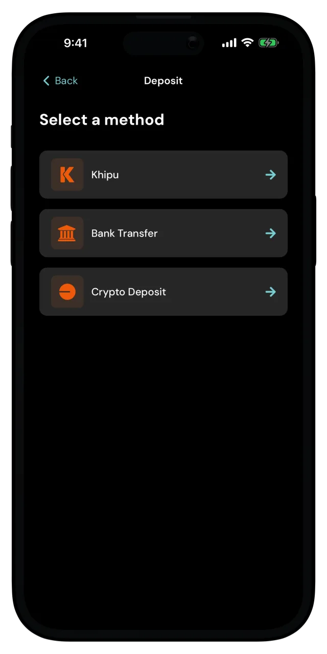 Deposit screen with Khipu, Bank Transfer and Crypto Deposit