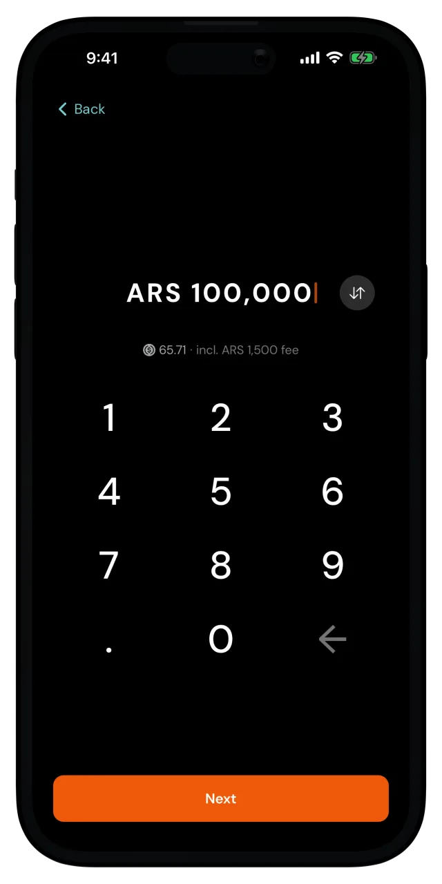Deposit amount screen with 100.000 Argentine pesos entered