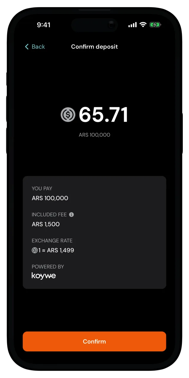 Confirm deposit screen with the amount, the included fee and the exchange rate