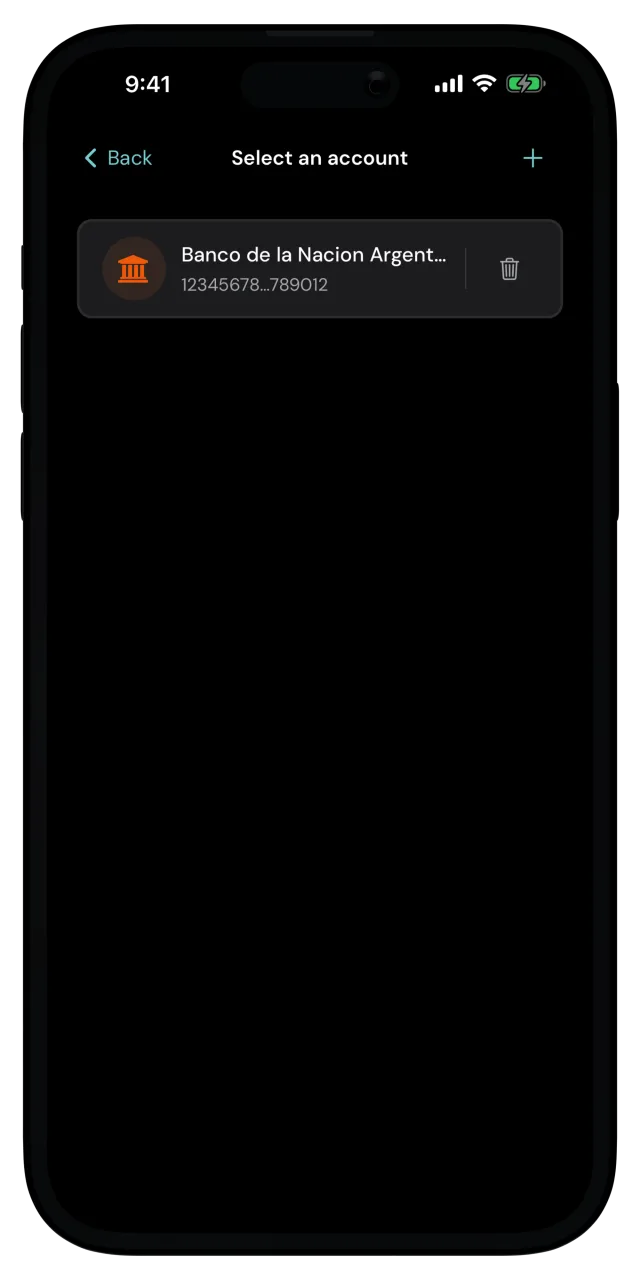 Select an account screen with one saved bank account