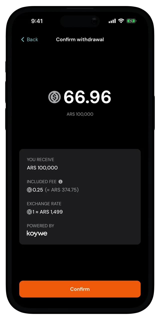 Confirm withdrawal screen with the amount, the included fee and the exchange rate