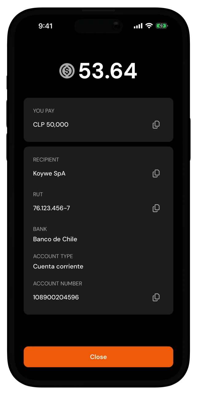 Payment details screen with the amount, the recipient and the account number