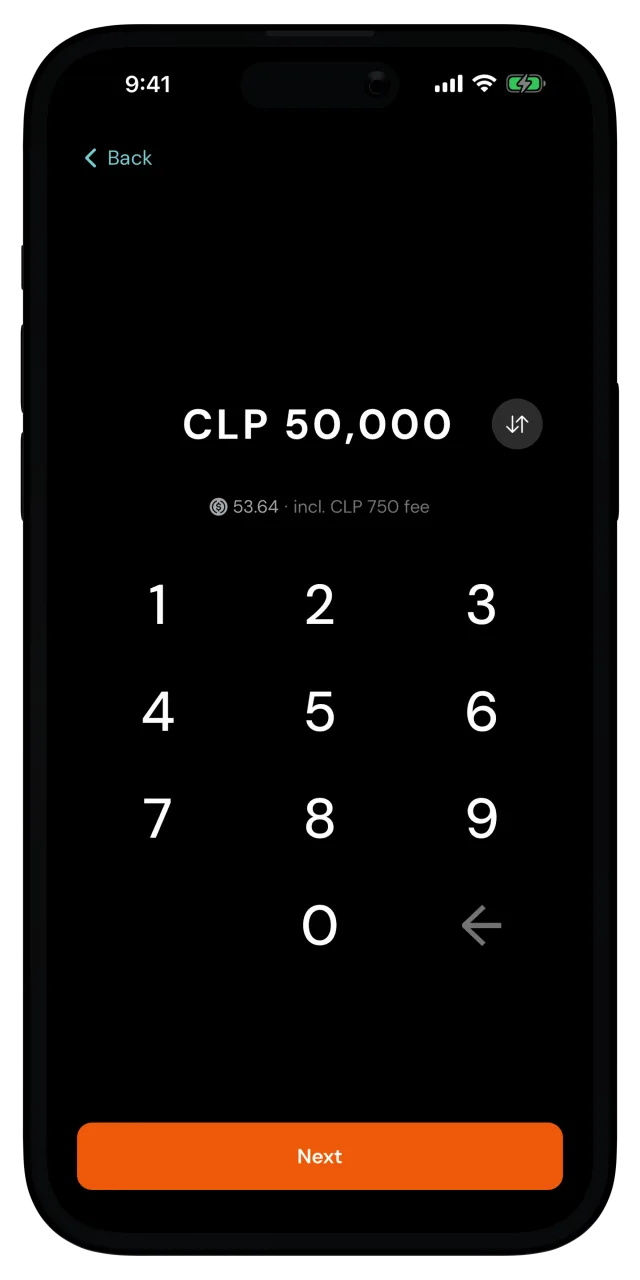 Deposit amount screen with 50.000 Chilean pesos entered