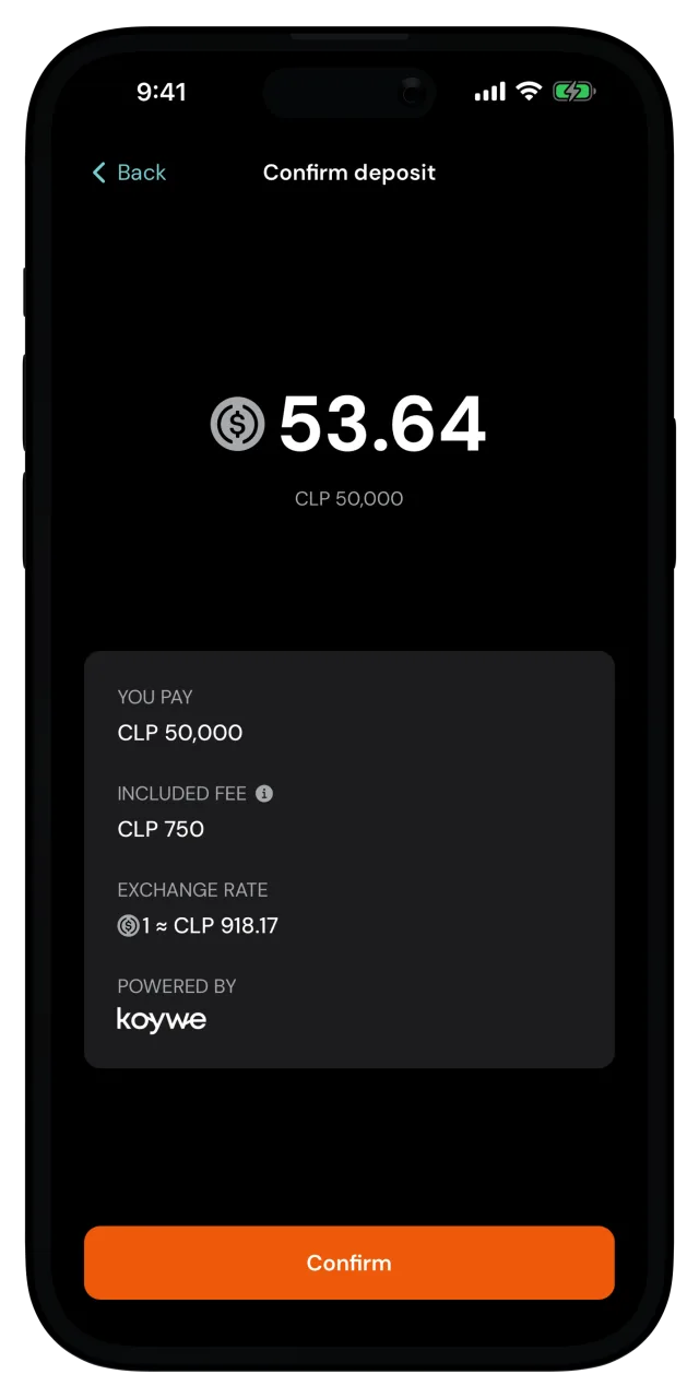 Confirm deposit screen with the amount, the included fee and the exchange rate