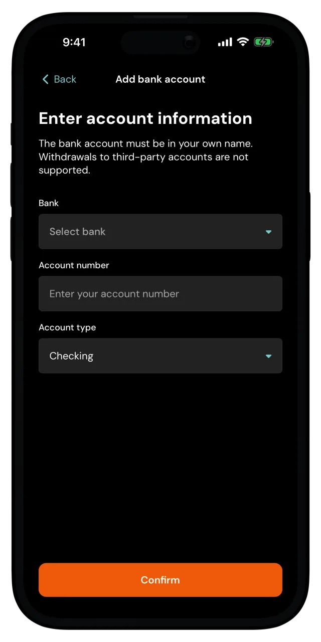 Add bank account screen with the Bank, Account number and Account type fields