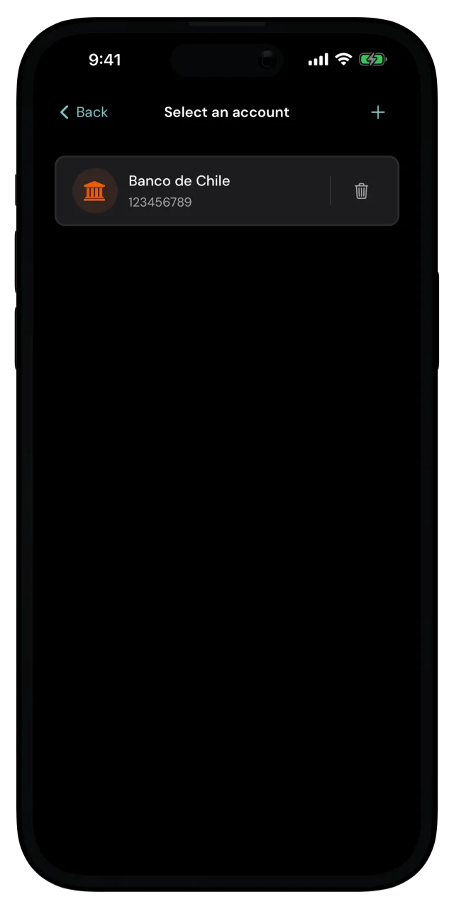 Select an account screen with one saved bank account