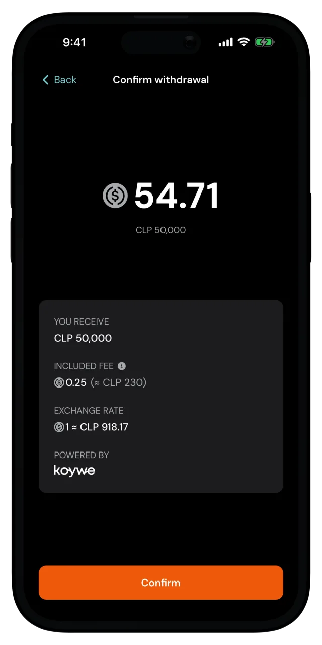 Confirm withdrawal screen with the amount, the included fee and the exchange rate