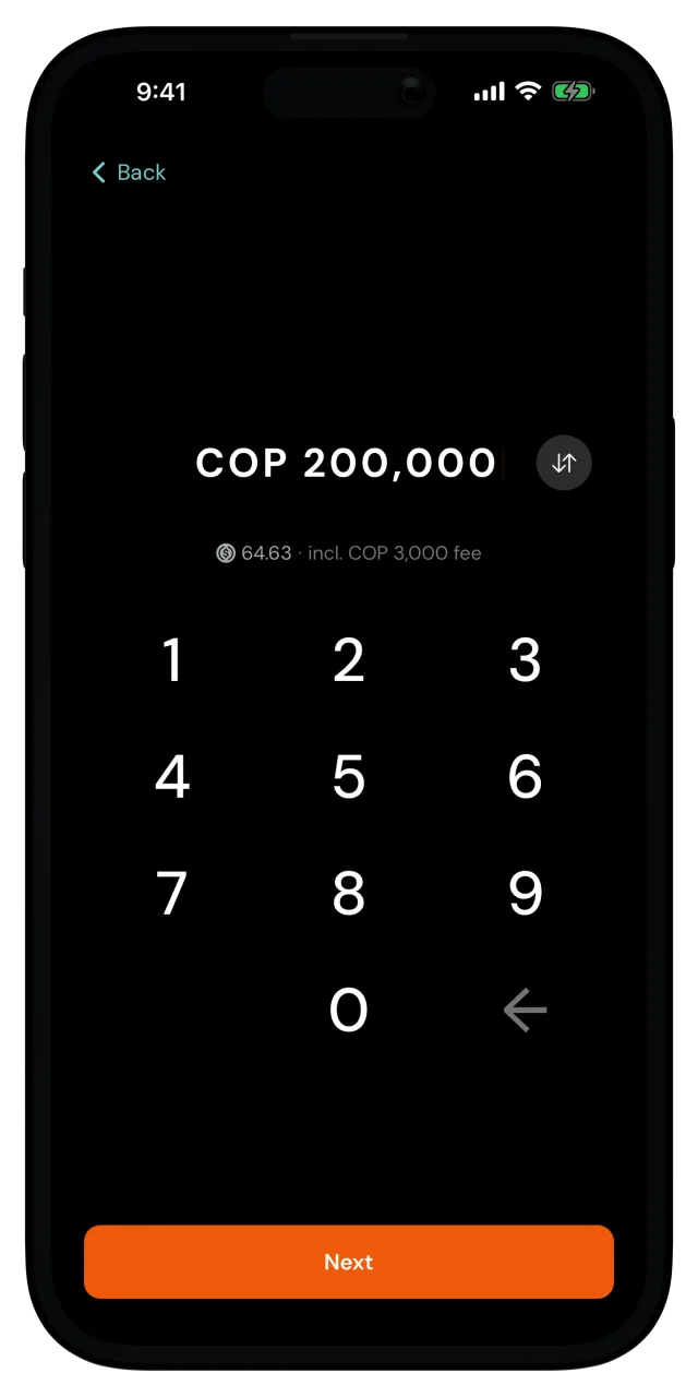 Deposit amount screen with 200.000 Colombian pesos entered