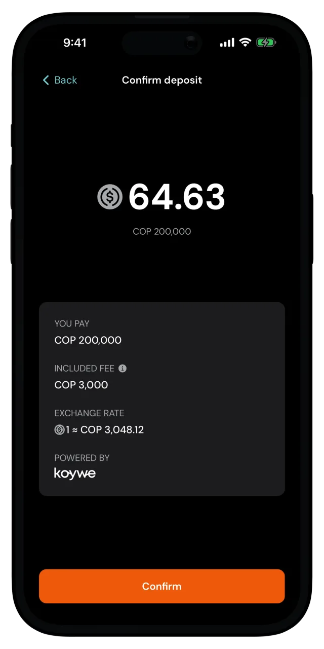 Confirm deposit screen with the amount, the included fee and the exchange rate