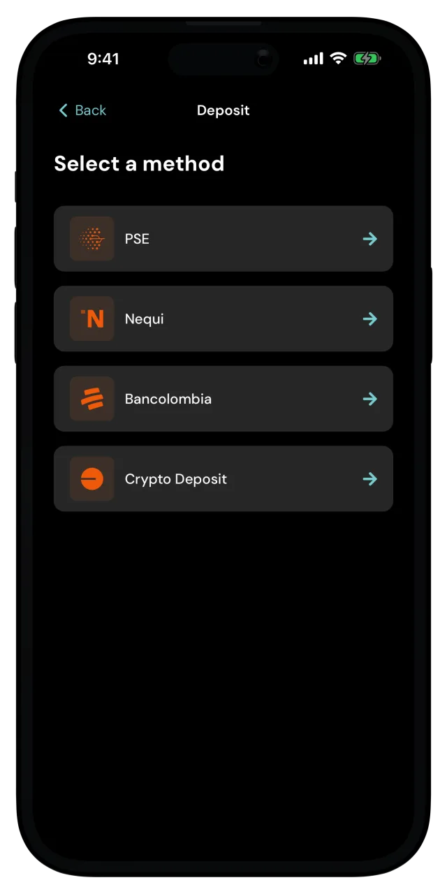 Deposit screen with PSE, Nequi, Bancolombia and Crypto Deposit