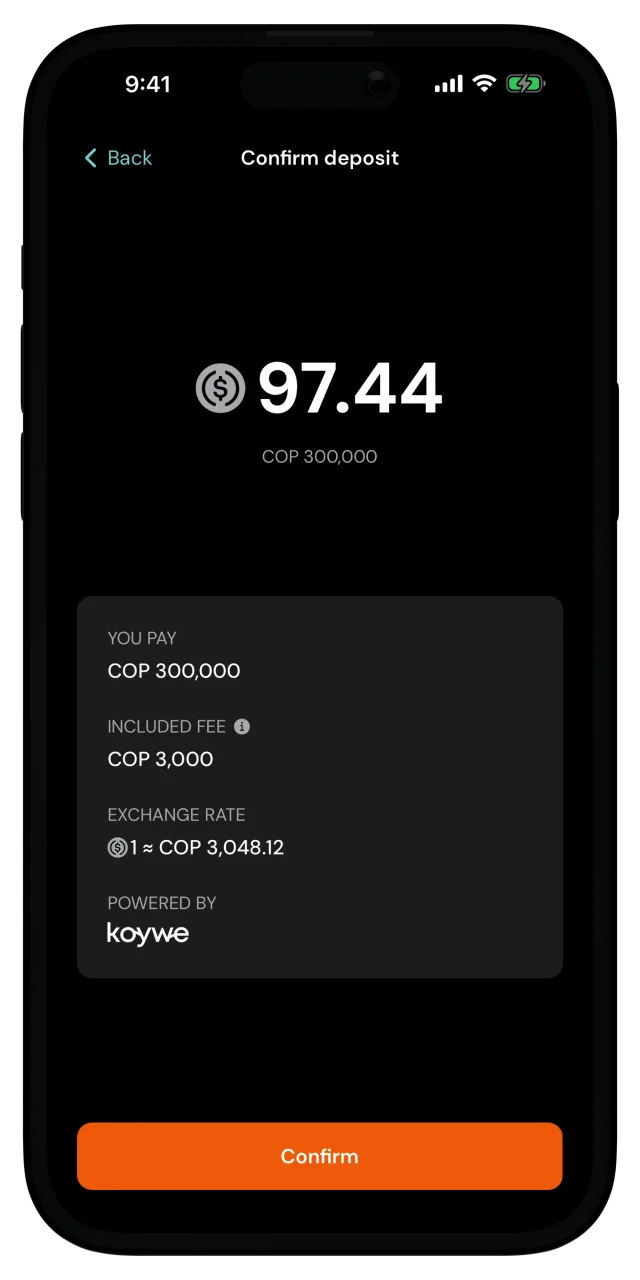 Confirm deposit screen with the amount, the included fee and the exchange rate
