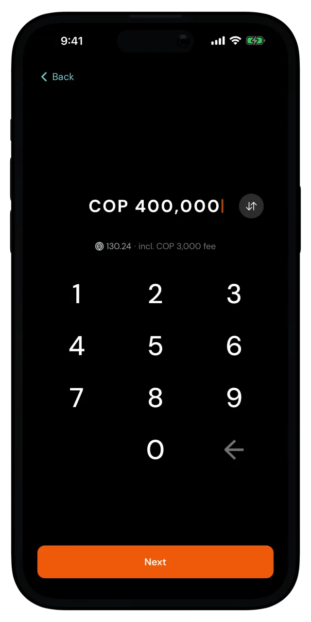 Deposit amount screen with 400.000 Colombian pesos entered
