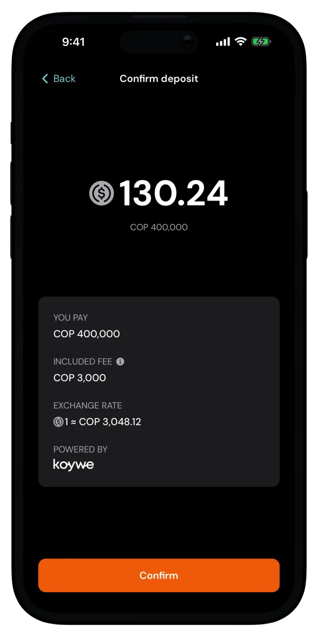 Confirm deposit screen with the amount, the included fee and the exchange rate