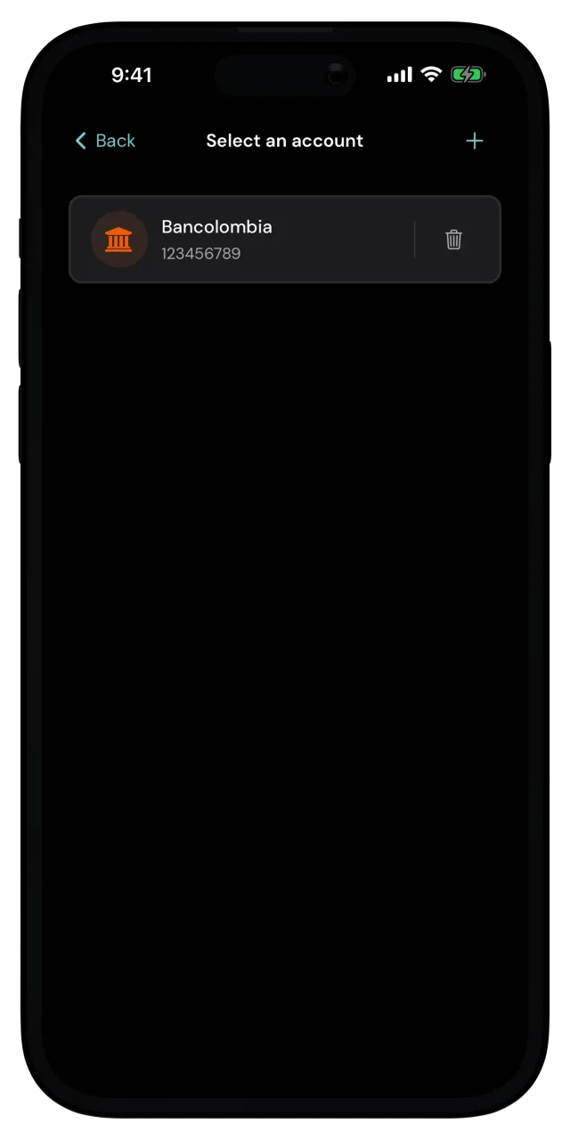 Select an account screen with one saved bank account