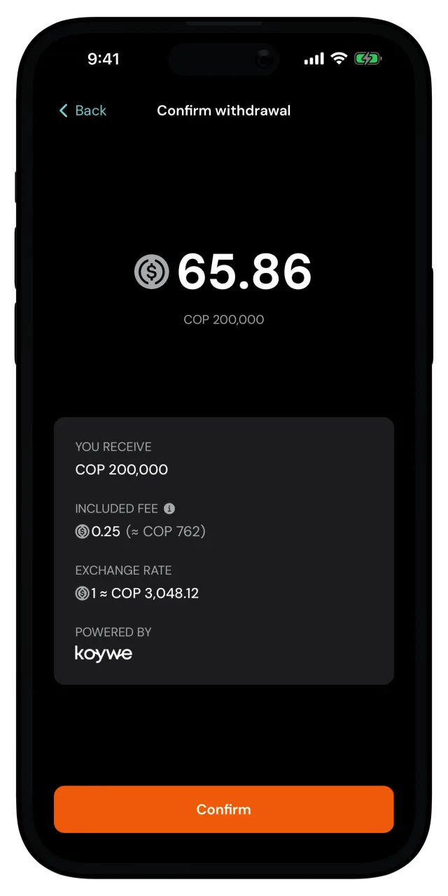 Confirm withdrawal screen with the amount, the included fee and the exchange rate