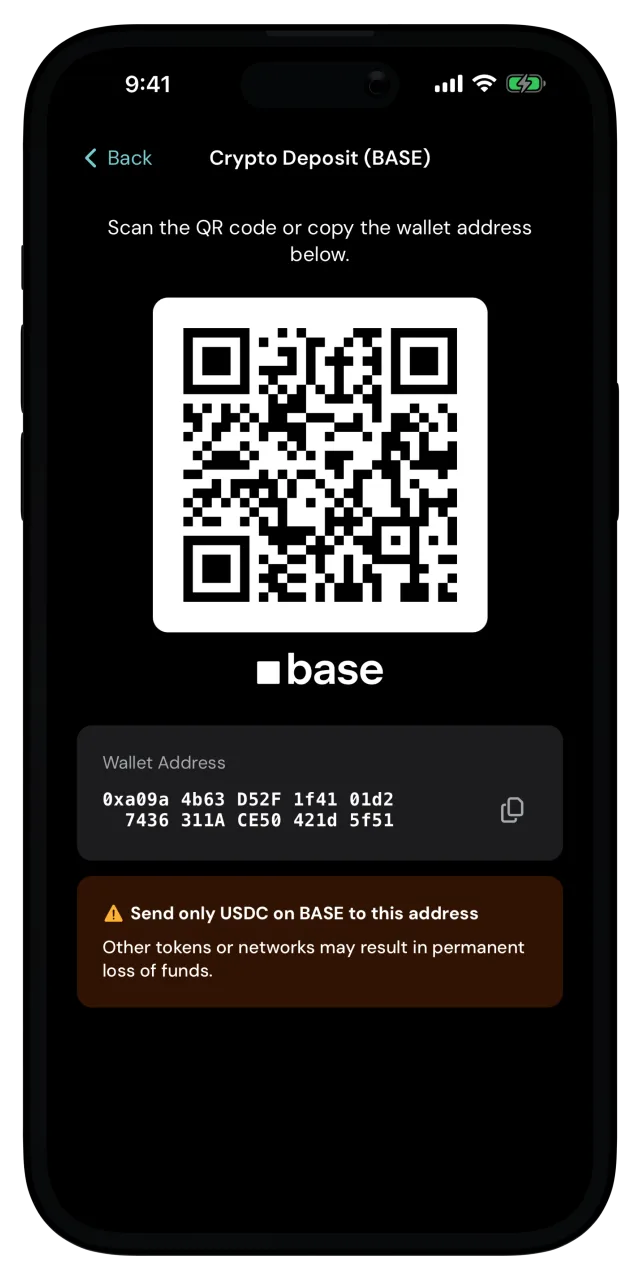 Crypto Deposit (BASE) screen with the QR code and the wallet address