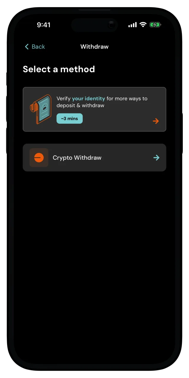Withdraw screen with the Crypto Withdraw option