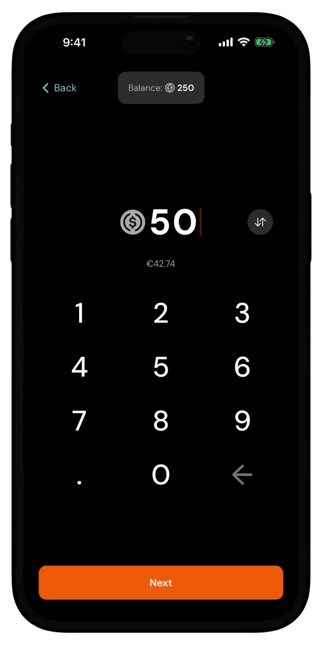 Crypto withdrawal amount screen with 50 digital dollars entered