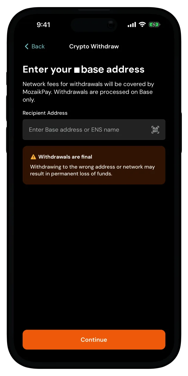 Enter your Base address screen with the recipient address field