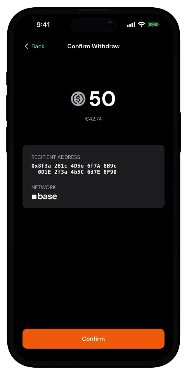 Confirm Withdraw screen with the amount, the recipient address and the network