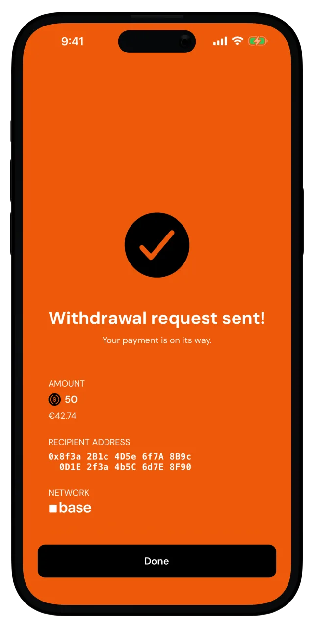 Success screen confirming the withdrawal request was sent