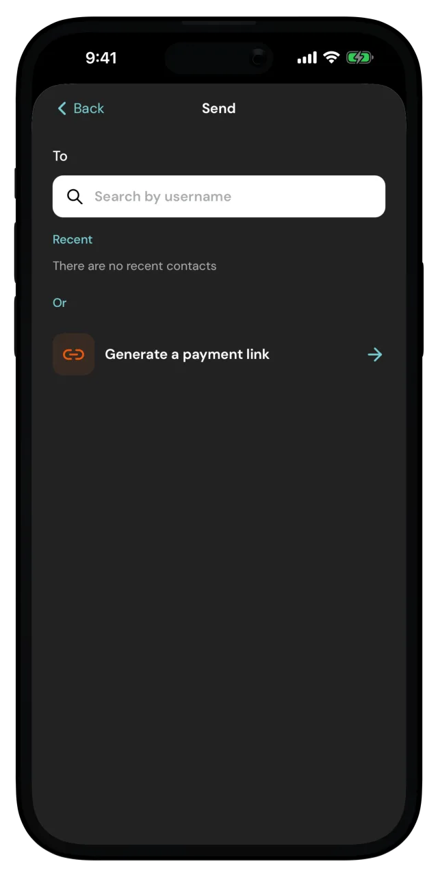 Send screen with the Generate a payment link option below recent contacts