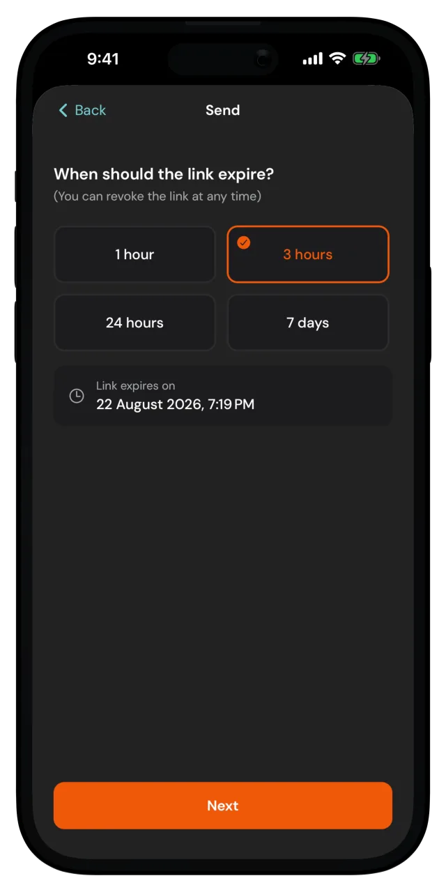 When should the link expire? screen with expiry options from 1 hour to 7 days