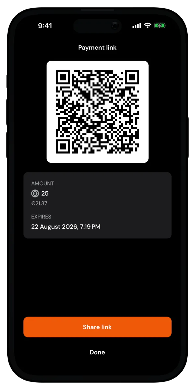 Payment link screen with a QR code, the amount and expiry, and a Share link button