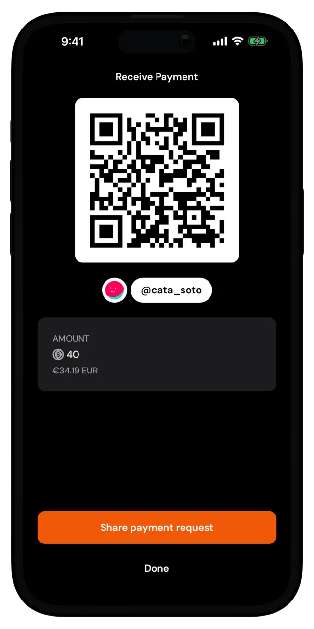 Receive Payment screen with a QR code, the amount, and a Share payment request button