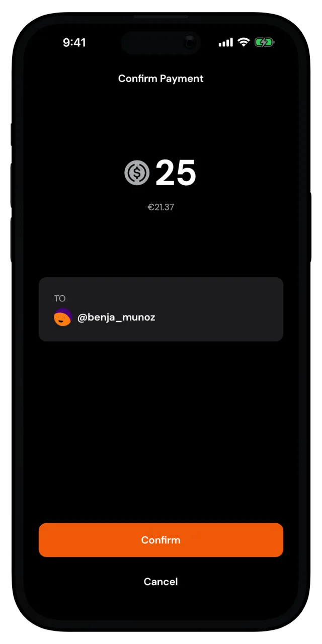Confirm Payment screen showing the amount and the recipient
