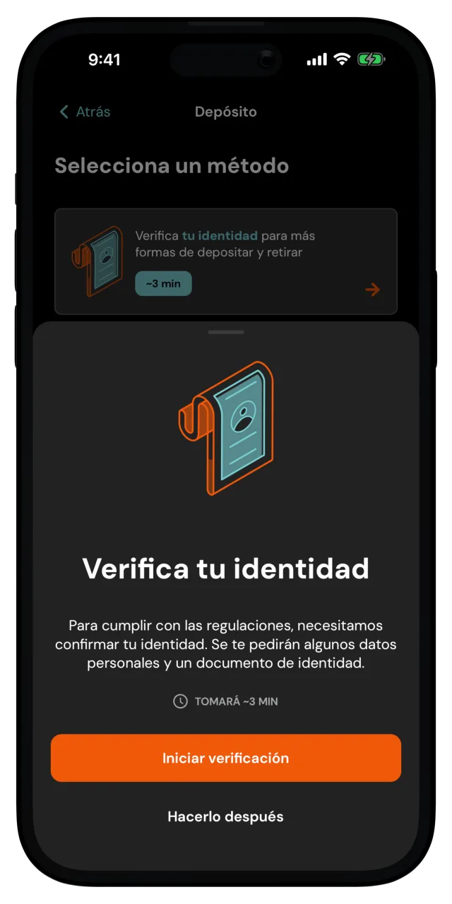 Pantalla de depósito con la hoja para verificar tu identidad y el botón de iniciar verificación