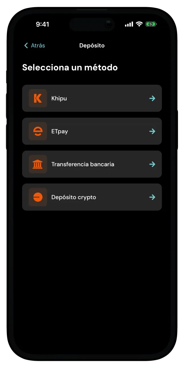 Pantalla de depósito con métodos de pago locales, transferencia bancaria y depósito en cripto