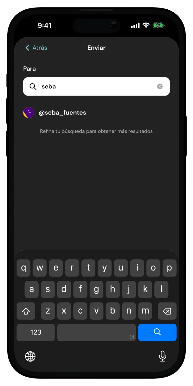 Pantalla de envío con búsqueda de nombre de usuario y un resultado