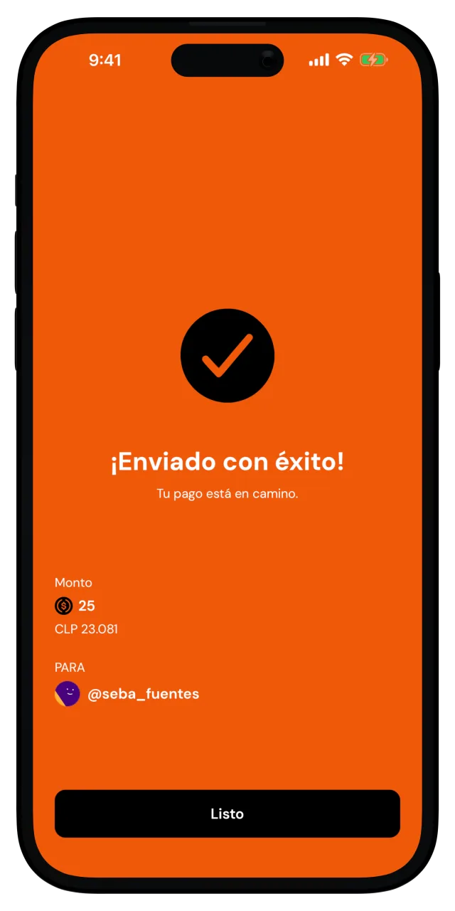 Pantalla de envío exitoso con el monto y el destinatario