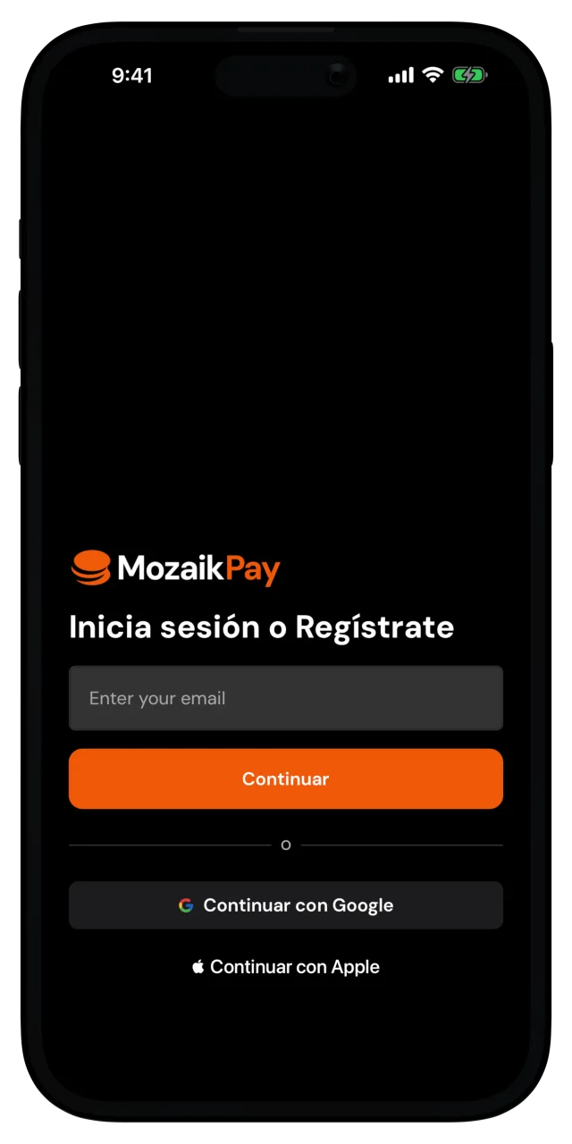 Pantalla de inicio de sesión o registro con campo de correo y opciones de Google y Apple