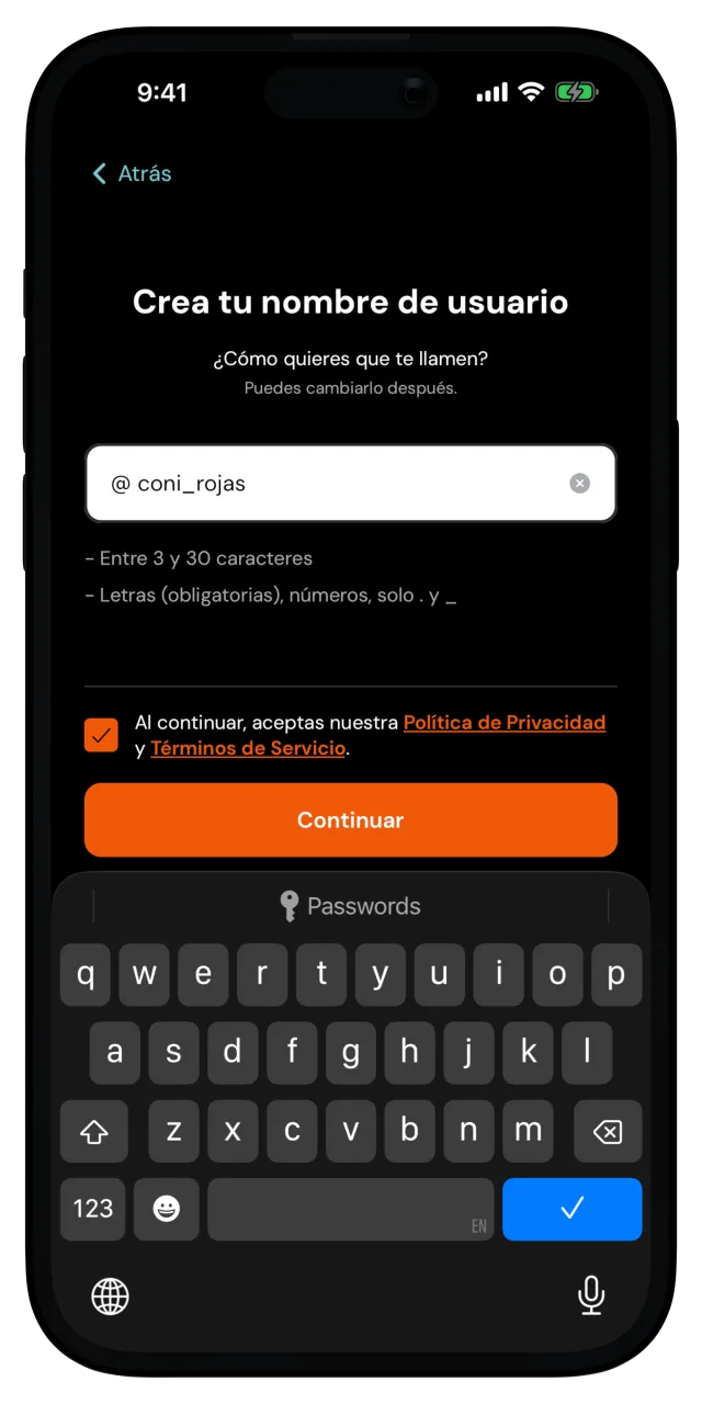 Pantalla para crear tu nombre de usuario con un nombre escrito
